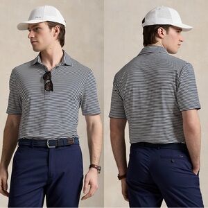 RLX Ralph Lauren Polo Shirt Shortsleeve Striped Golf Performance in Navy White L